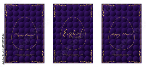 Easter greeting set. Deep purple background with a textured pattern, golden egg outline, and elegant inscriptions. Ornate gold frame with decorative leaves enhances the festive and luxurious design