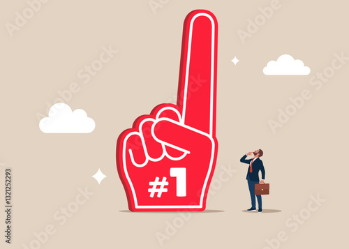 Achieve goal, succeed in work. Businessman with fan foam finger with number one. Flat vector illustration.