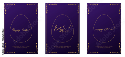Easter greeting set. Deep purple background with a textured pattern, golden egg outline, and elegant inscriptions. Ornate gold frame with decorative leaves enhances the festive and luxurious design