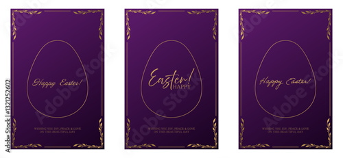 Easter greeting set. Rich purple background with a 3D textured pattern, golden egg outline, and elegant inscriptions. Ornate gold frame with decorative leaves enhances the festive and luxurious design