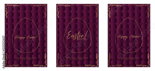 Easter greeting set. Burgundy background with a 3D textured pattern, golden egg outline, elegant inscriptions. Ornate gold frame with decorative leaves enhances the festive and sophisticated design