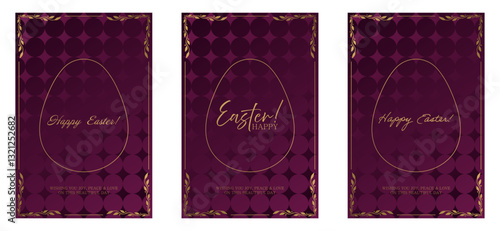 Easter greeting set. Burgundy background with a 3D textured pattern, golden egg outline, elegant inscriptions. Ornate gold frame with decorative leaves enhances the festive and sophisticated design