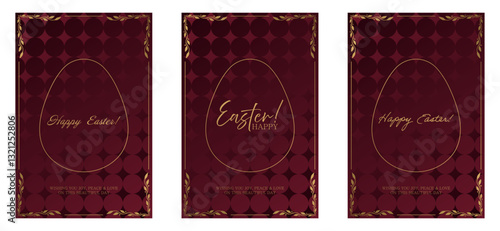 Easter greeting set. Dark red background with a geometric textured pattern, golden egg outline, and elegant inscriptions. Ornate gold frame with decorative leaves enhances the festive