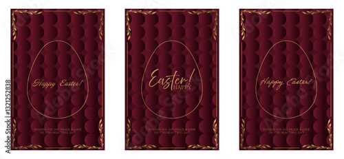 Easter greeting set. Dark red background with a geometric textured pattern, golden egg outline, and elegant inscriptions. Ornate gold frame with decorative leaves enhances the festive