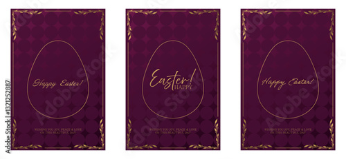 Easter greeting set. Burgundy background with a 3D textured pattern, golden egg outline, elegant inscriptions. Ornate gold frame with decorative leaves enhances the festive and sophisticated design
