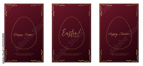 Easter greeting set. Dark red background with a geometric textured pattern, golden egg outline, and elegant inscriptions. Ornate gold frame with decorative leaves enhances the festive