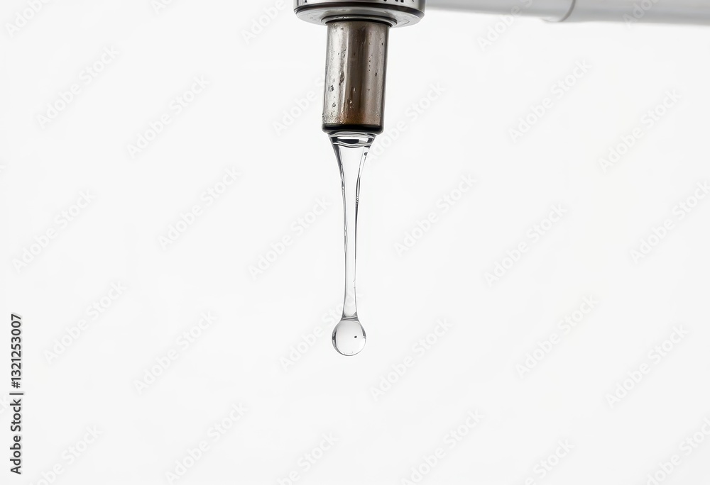 Single water drop falling from dripping faucet against stark white background, icon, damage Single water drop falling from dripping faucet against stark white background, icon, damage