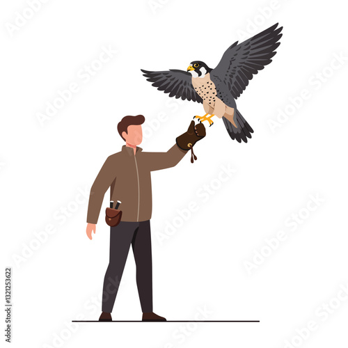 Falcon perched on a handlers glove in a flat vector illustration