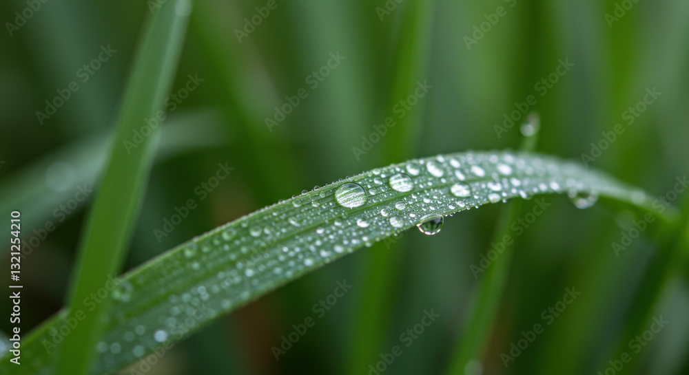 Obraz premium A single blade of grass glistens with delicate water droplets in a serene, close-up view.
