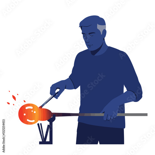 Glassblower shaping molten glass with tools in flat vector art style