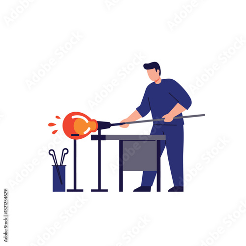 Glassblower shaping molten glass in a modern flat design vector art