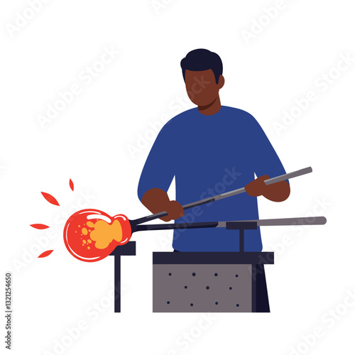 Glassblower shaping molten glass with tools in flat vector art