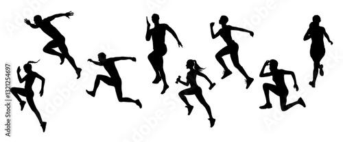 Runners silhouettes set. Male, female athletes running. Healthy active lifestyle. Maraphon, Sprint, jogging. Sport, fitness design, black monochrome vector illustrations isolated