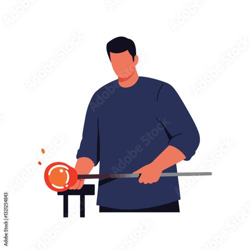 Glassblower shaping molten glass with tool in flat vector illustration