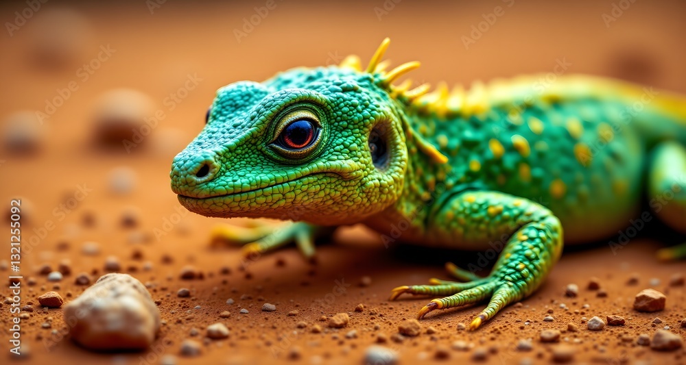 Obraz premium Extreme close-up of a lizard’s textured skin with vibrant green and yellow scales covered in water droplets, green lizard on a sand