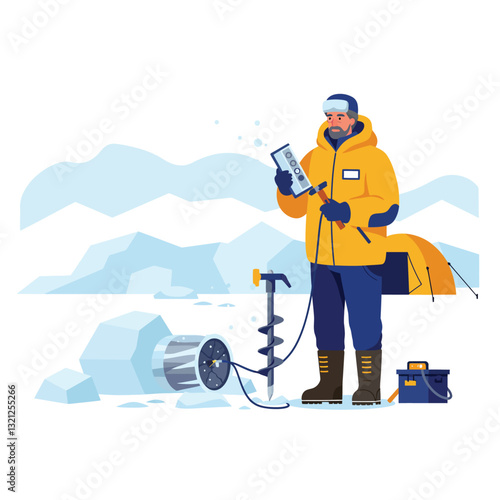 Ice fisherman in bright jacket using equipment in flat vector illustration