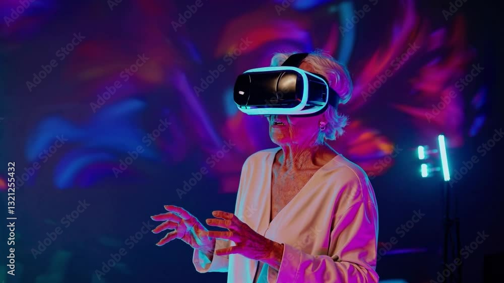 old woman in a virtual reality headset touches the air with his hands. against the background of a virtual screen. colored neon light. old woman in a virtual reality headset touches the air with his hands. against the background of a virtual screen. colored neon light.