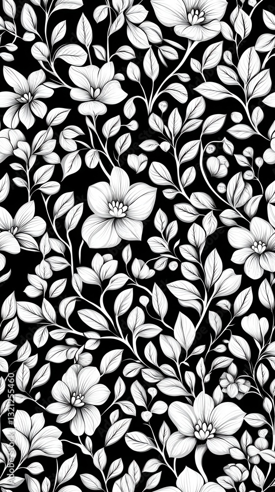 Fototapeta premium Elegant floral vines curling in black and white pattern creating a timeless and classic monochrome design for art