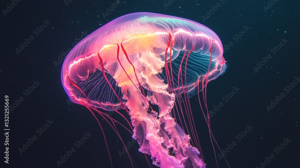 Obraz premium Close-up of a jellyfish floating in the ocean. the jellyfish has a long, slender body with a pink and purple color scheme.
