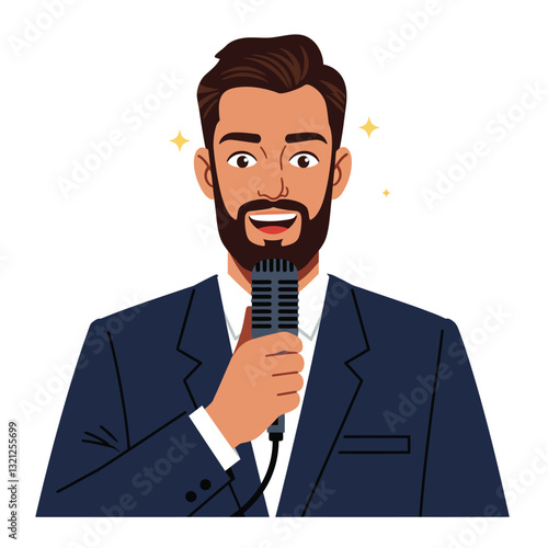 Confident man in suit holding microphone in flat vector illustration