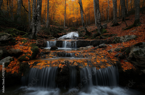 Beautiful autumn forest with a waterfall and mossy rocks in the middle of nature, vibrant autumn colors, a beautiful autumn landscape, a beautiful autumn scenery, an autumn scene, nature photograp