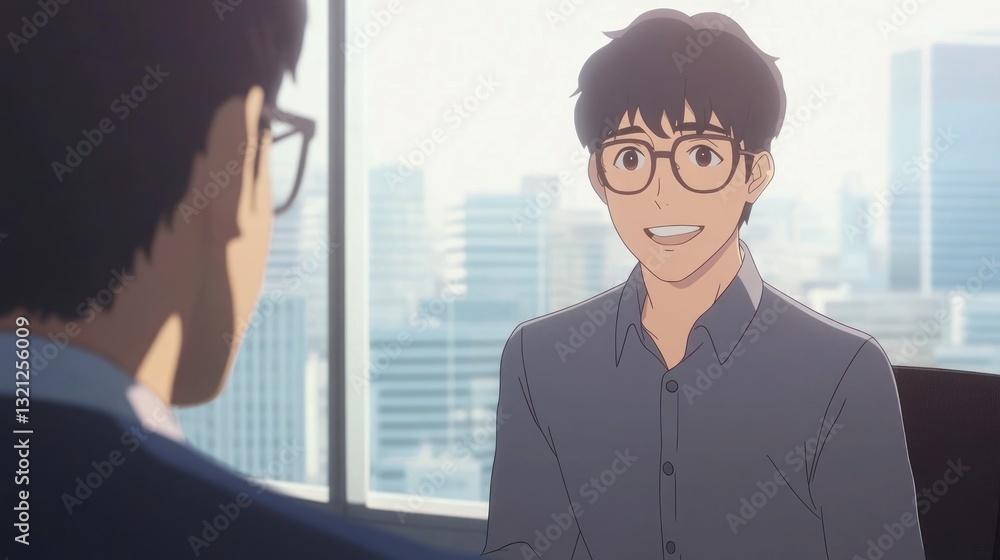 Fototapeta premium Anime scene depicting a business meeting with modern cityscape background