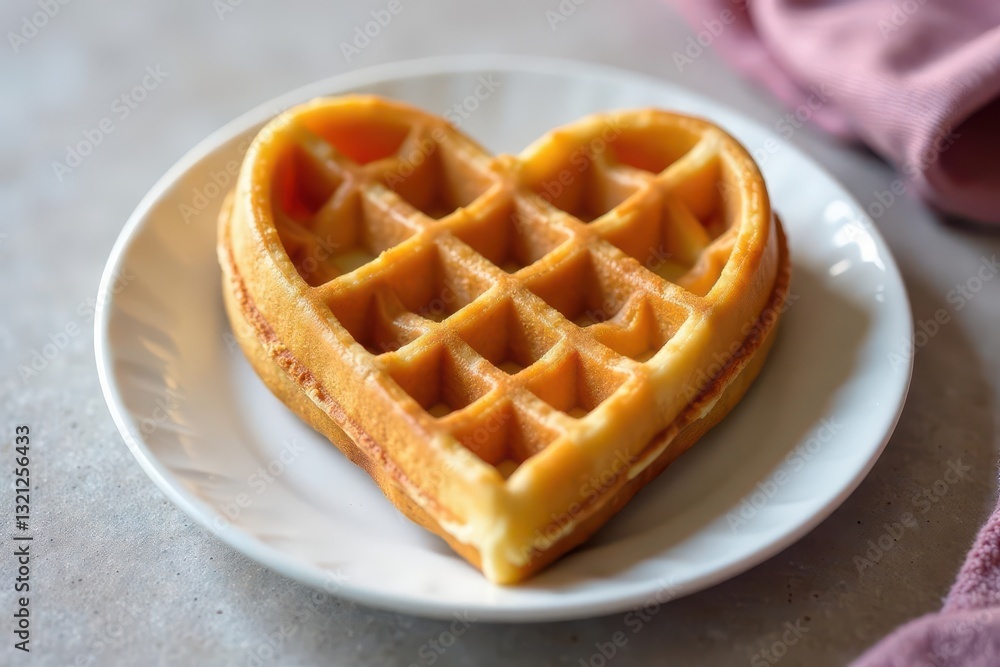 Deeply textured, heart-shaped Belgian waffle, light and airy, brown, overhead shot Deeply textured, heart-shaped Belgian waffle, light and airy, brown, overhead shot