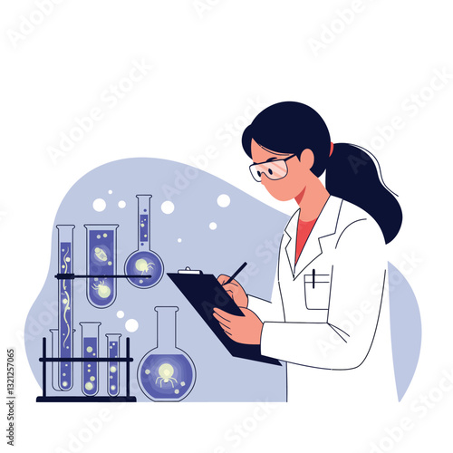 Scientist observing chemical reactions in a laboratory, flat vector art illustration