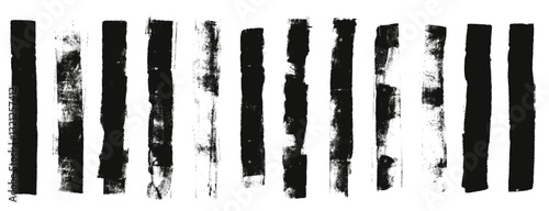 Grunge brush paint stokes. Brayer ink black lines. Thick paint rolled stripe stamps set. Vector smear stain labels collection isolated on white background. Ragged abstract rectangle paintbrush figure