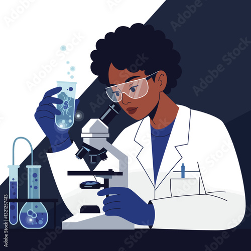 Scientist examining samples with microscope in flat vector illustration style