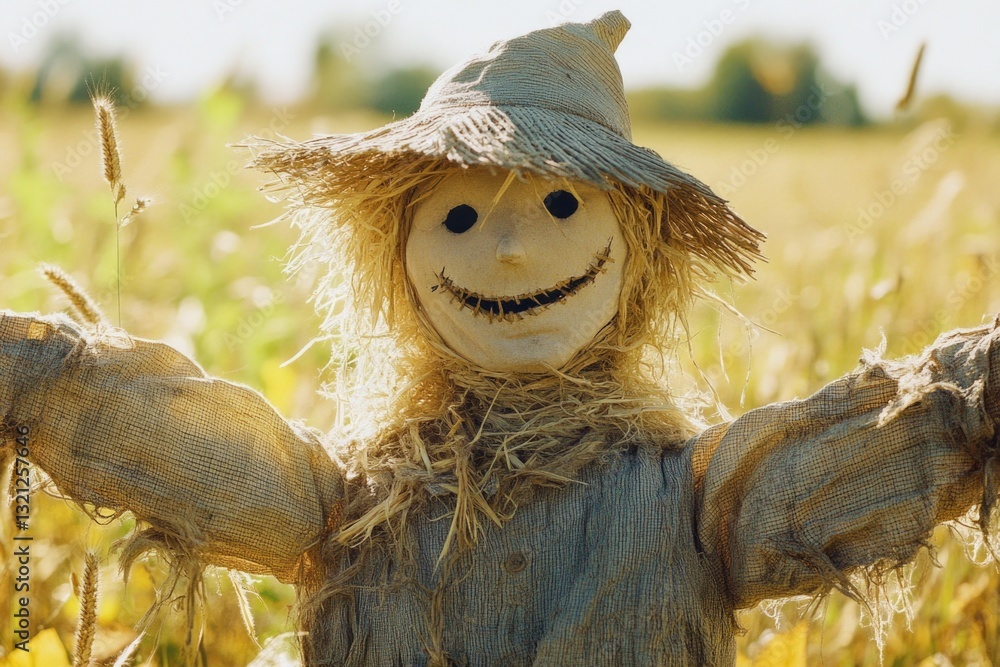 A lonely scarecrow stands amidst a lush field of tall grass, ready to guard the crops A lonely scarecrow stands amidst a lush field of tall grass, ready to guard the crops