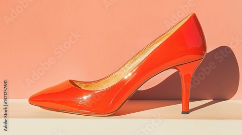 Close-up of a high-heeled shoe in a vibrant orange color. the shoe has a pointed toe and a stiletto heel. photo