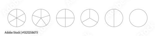 Circle division on from 1 to 6 equal parts. Round divided diagrams with from one to six segments. Infographic set. Coaching blank. Outline graphics. Set of pizza, pie charts. Segmented pinwheel black.
