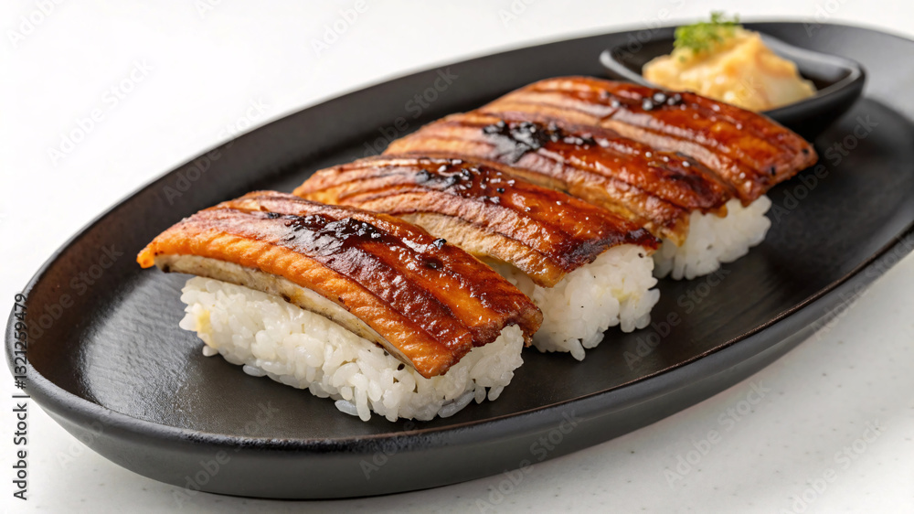 Unagi Nigiri Sushi on Black Oval Plate with Condiment Dish Unagi Nigiri Sushi on Black Oval Plate with Condiment Dish