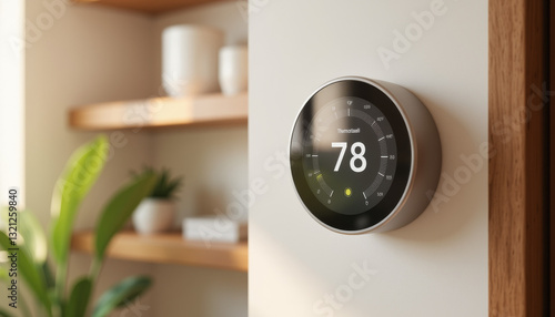 Smart thermostat displaying temperature in cozy home interior, comfort