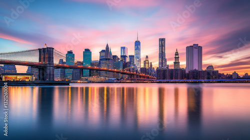 A mesmerizing view of the New York City skyline reflected on the Hudson River at sunset, with the Brooklyn Bridge in sight
