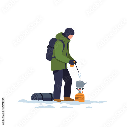Person cooking food on a portable stove in winter landscape flat vector illustration