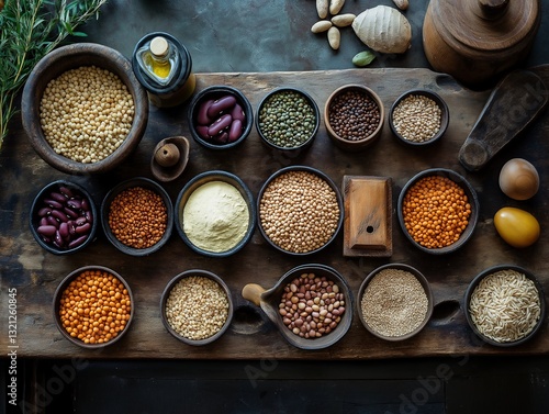 Colorful Organic Spices and Herbs for Homemade Vegetarian Cuisine: Rustic Flat Lay of Traditional Cooking Ingredients
