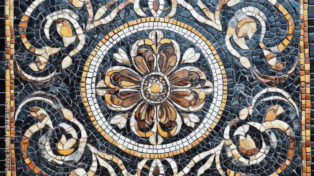A mosaic tile design featuring intricate ornamental patterns, adding a touch of elegance A mosaic tile design featuring intricate ornamental patterns, adding a touch of elegance