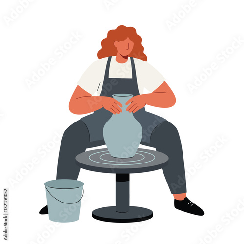 Potter shaping clay on wheel with flat design style vector art