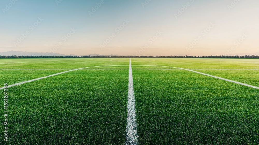 Obraz premium Green soccer field with white lines under a clear sky. Concept of sports, recreation, and outdoor activities.