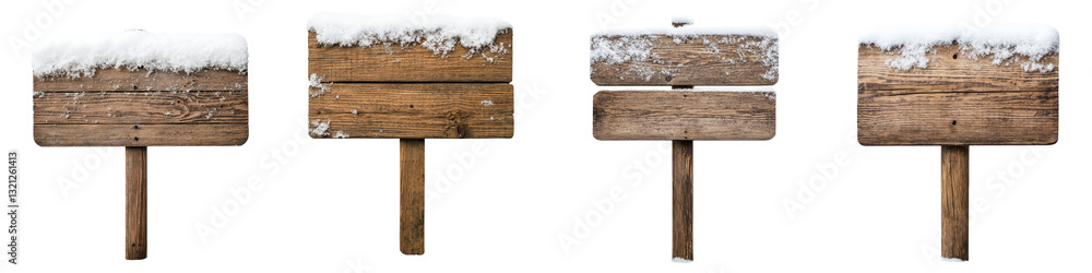 Fototapeta premium Blank wooden sign post or board with snow and ice covered surface providing copyspace for text or graphics Rural winter landscape background with frosty frozen environment