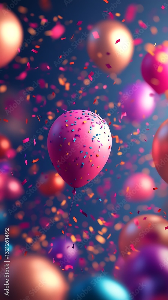 Pink balloon with sprinkles among colorful balloons and confetti. Pink balloon with sprinkles among colorful balloons and confetti.