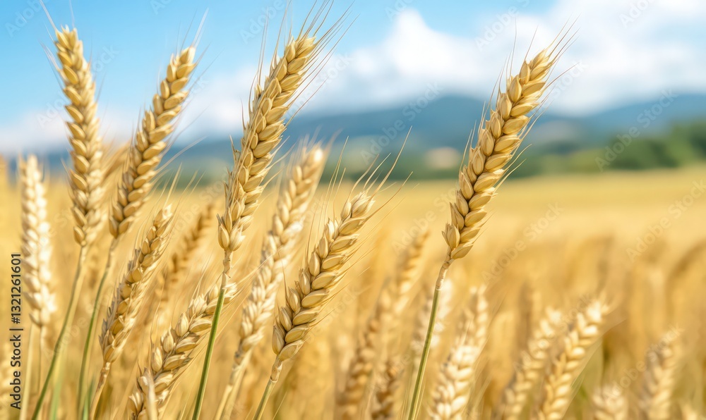Golden Wheat Stalks in a Sunny Field with Mountain Background Golden Wheat Stalks in a Sunny Field with Mountain Background