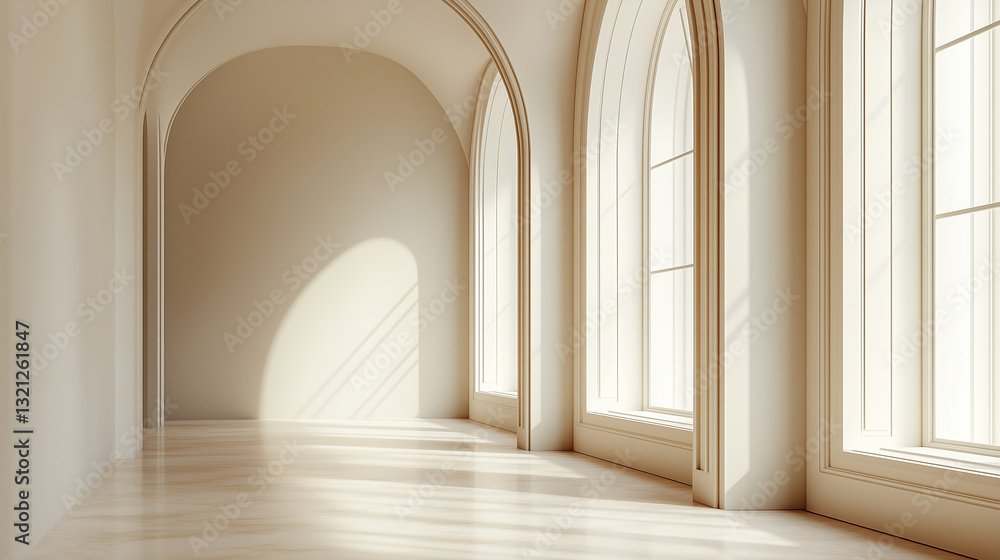 Fototapeta premium Elegant minimalist interior with arched windows, soft natural light, and neutral tones creating a serene ambiance 