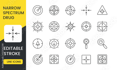 A set of line icons illustrating the concept of narrow-spectrum drugs, with an editable stroke. The icons depict targets and focus points, arrows and magnifying glasses