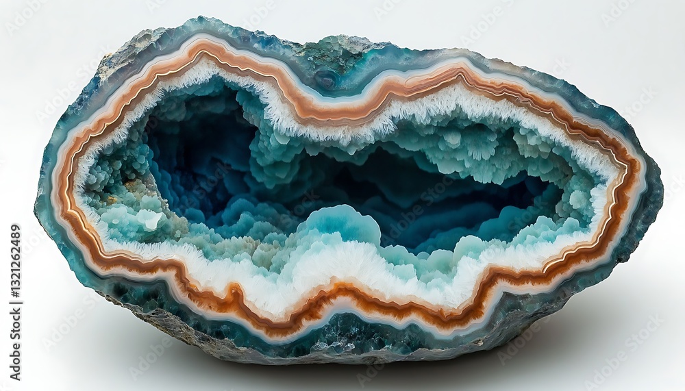 Polished agate geode with blue, white, and brown bands and cavity. Polished agate geode with blue, white, and brown bands and cavity.