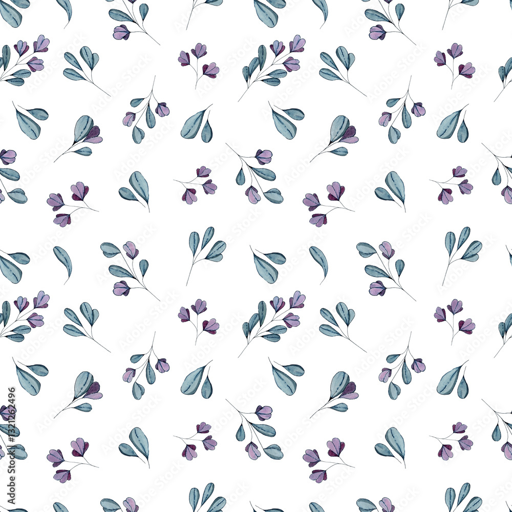 Fototapeta premium Watercolor seamless pattern with herbs and flowers. Romantic floral background. Fabric design