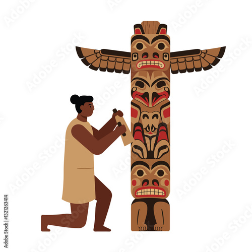Native American carving process detailed flat vector illustration of totem pole creation