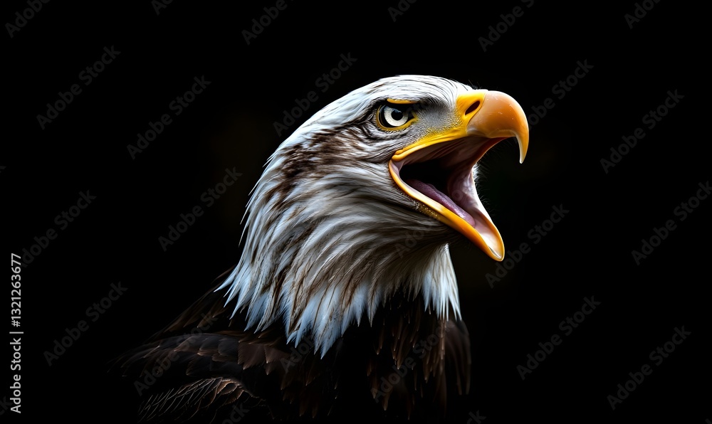 a bald eagle with its mouth open against a dark backdrop. a bald eagle with its mouth open against a dark backdrop.